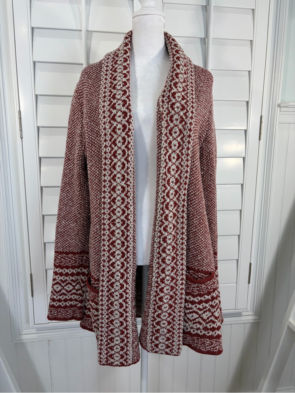 Lucky Brand Red and Cream Marled Open-Front Cardigan Sweater (M)